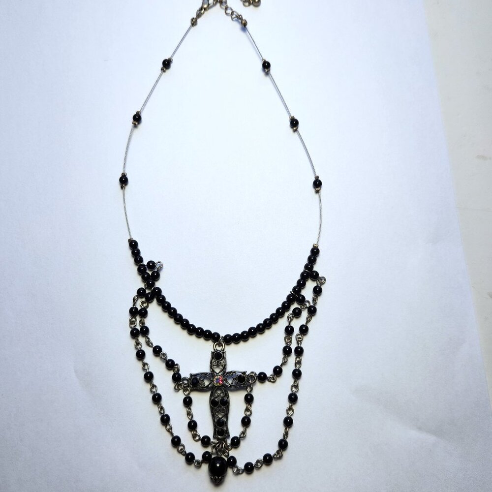 Gothic Victorian Cross Necklace Black Rhinestones Iridescent Center Stone